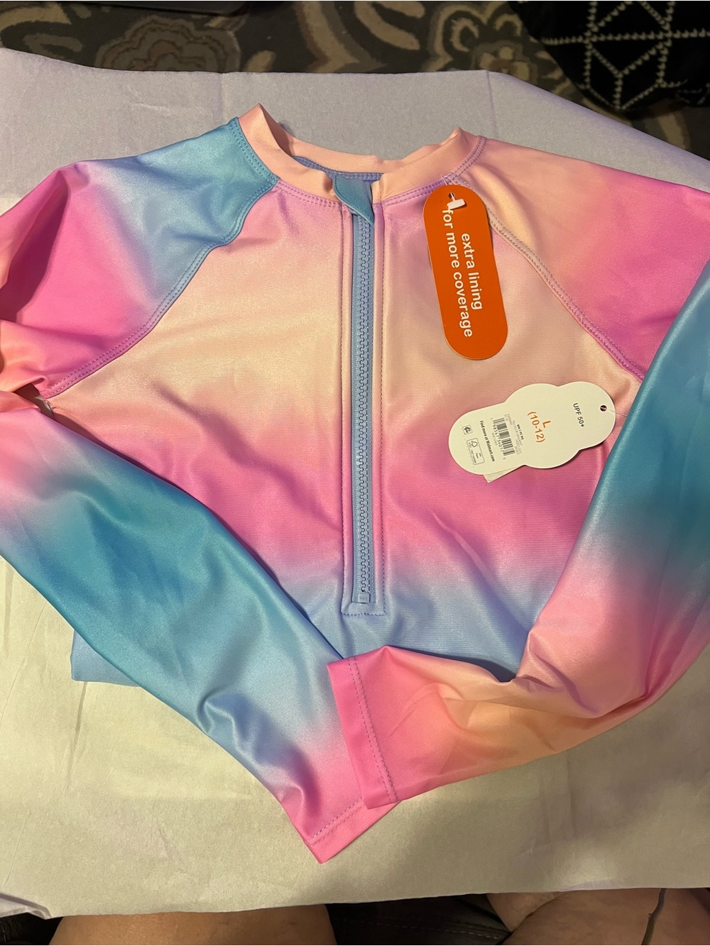 NWT Wonder Nation Girls 10/12 Pastel Ombre Long Sleeve One Piece Swimsuit UPF 50